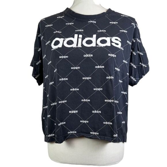 Adidas Core Logo Linear Women's Graphic Tee Short Fit Size Large Black - Picture 2 of 8